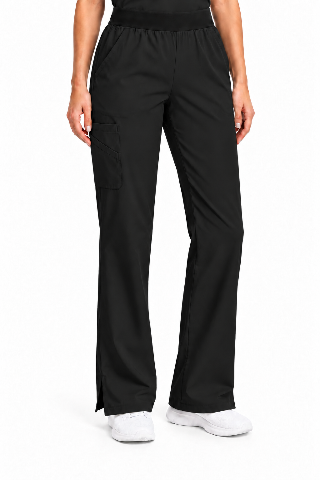 Black scrub pants with a high elastic waistband, side cargo pocket, and side slits at the ankle, shown on a model wearing white sneakers against a white background.