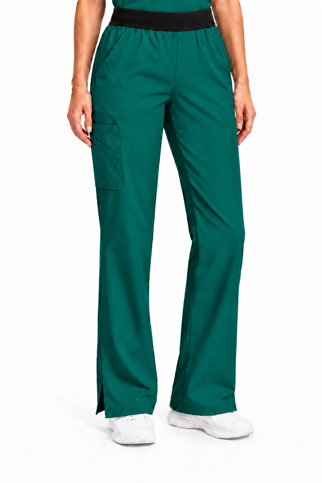A person wearing teal-green scrub pants with a black elastic waistband, shown from the torso down against a plain white studio background.