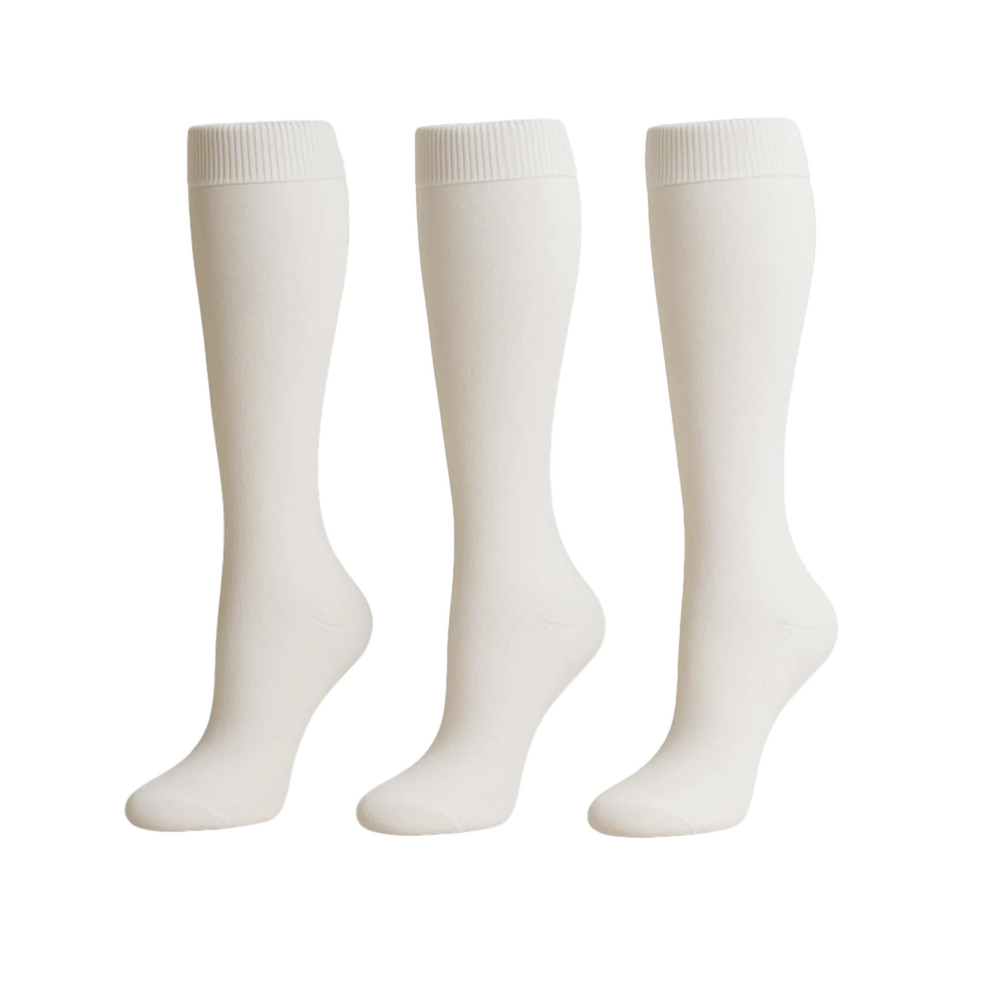 Three pairs of white knee-high socks on a light gray background