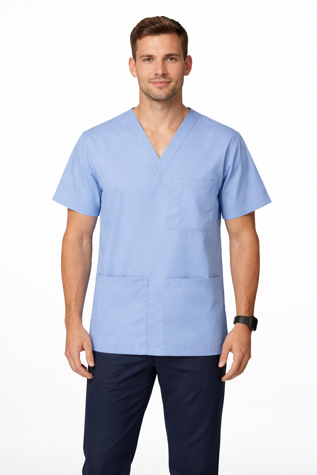 Man wearing a light blue scrub top and dark pants on a white background