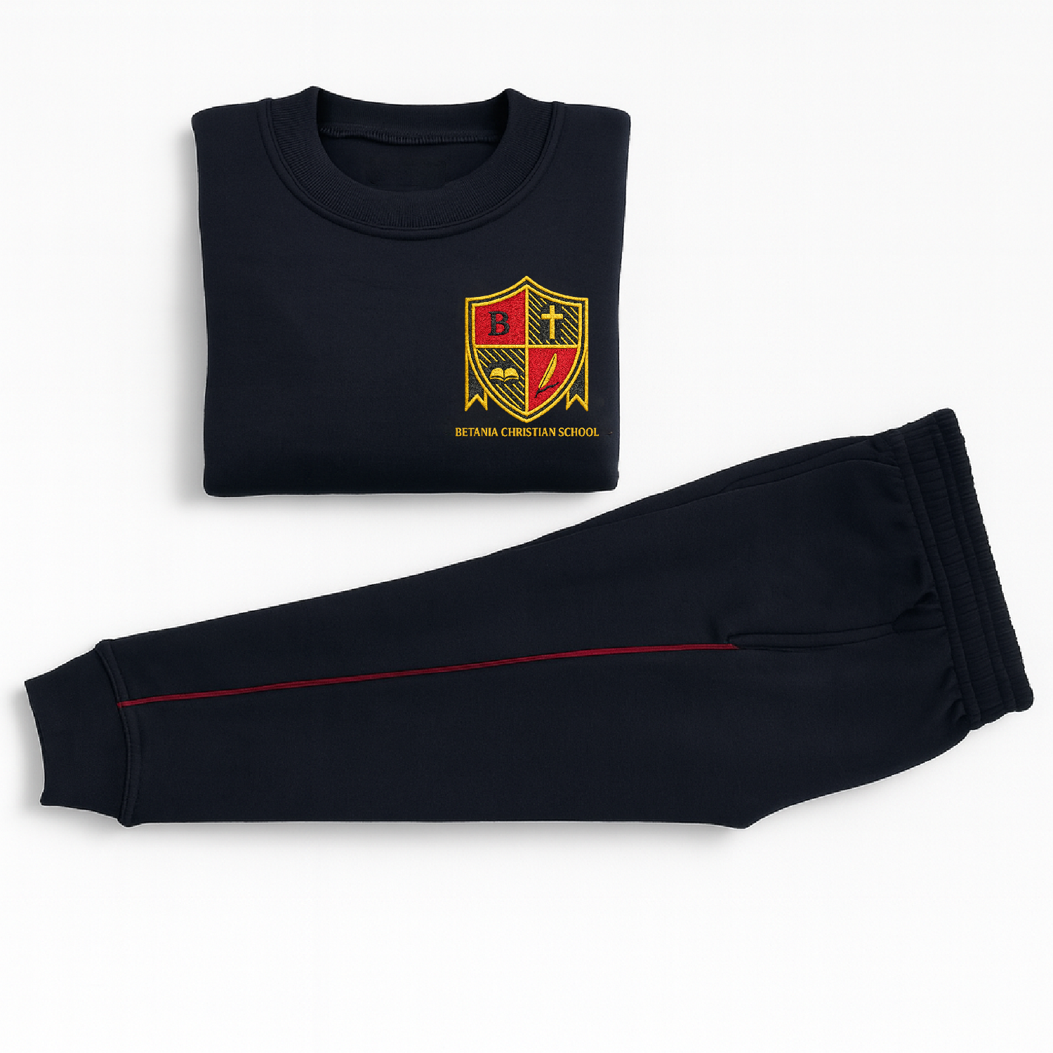 Black sweatshirt and pants set with a logo on a white background