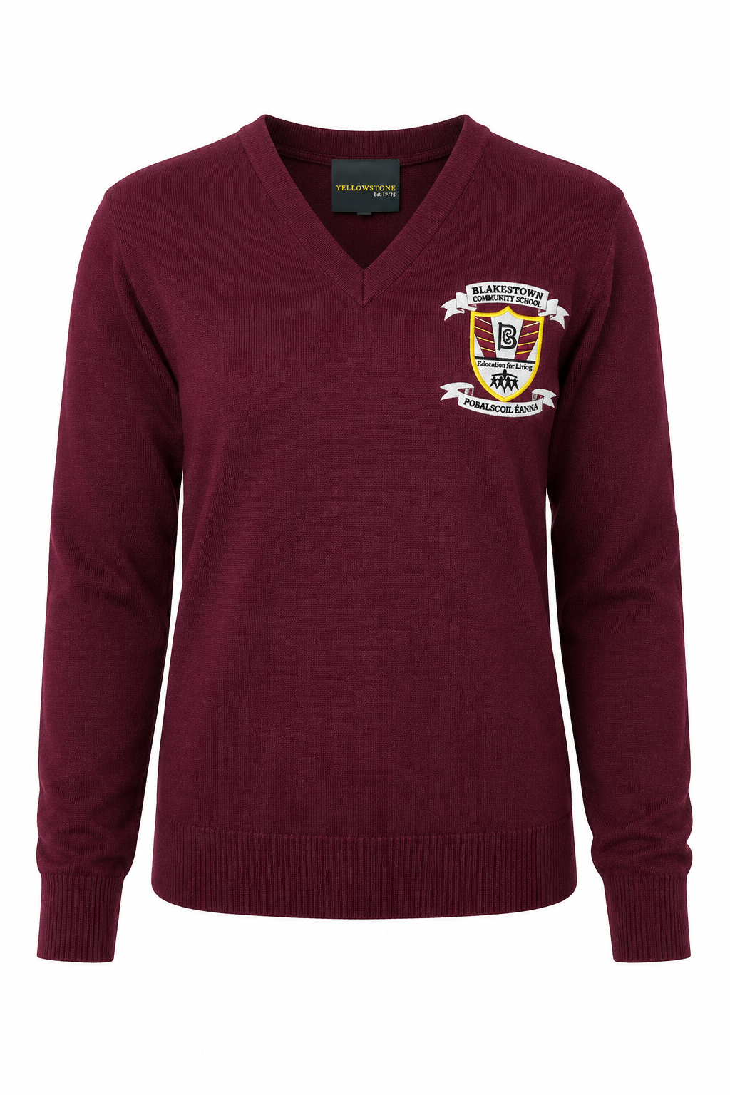 Maroon sweater with a logo on a white background