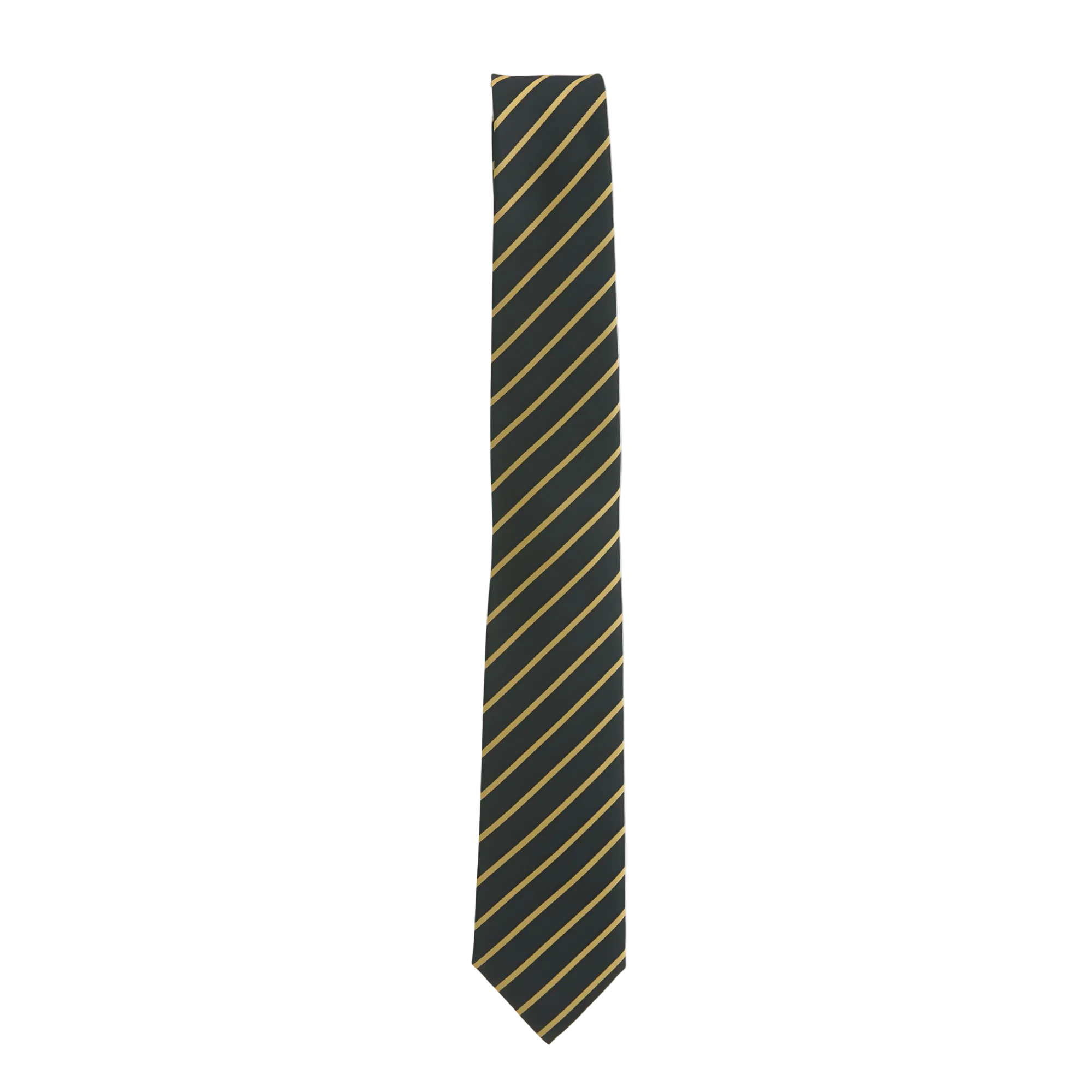 Green and gold striped tie on a light gray background