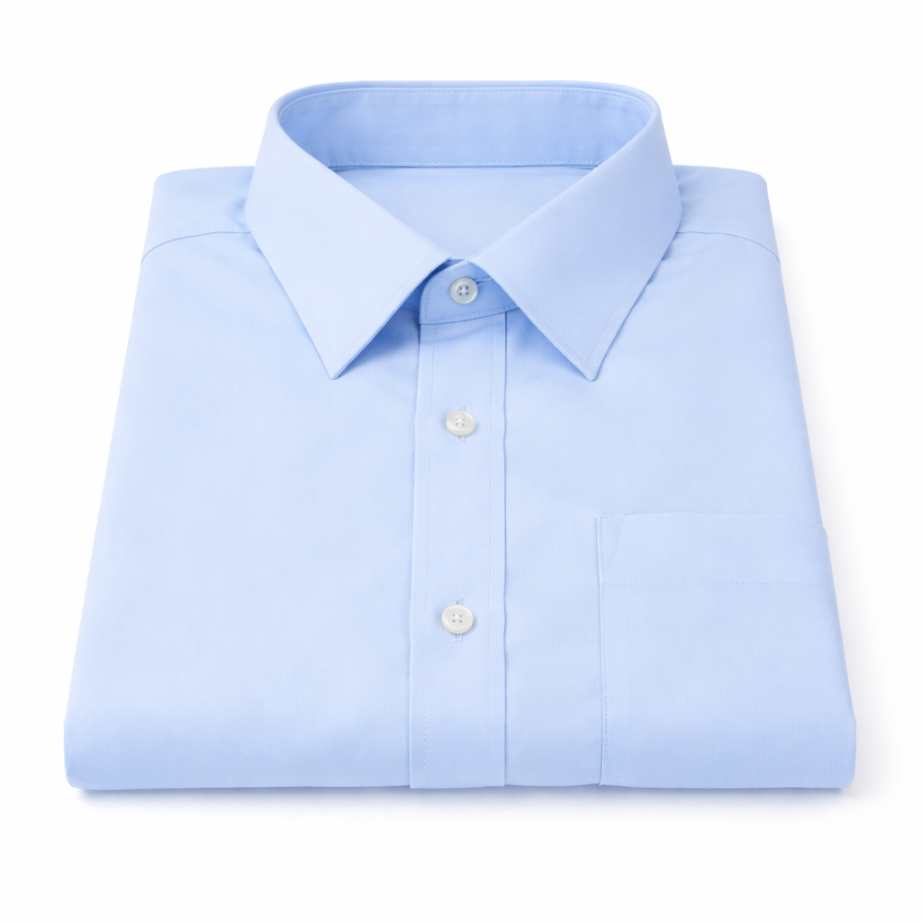 Folded light blue dress shirt on a white background