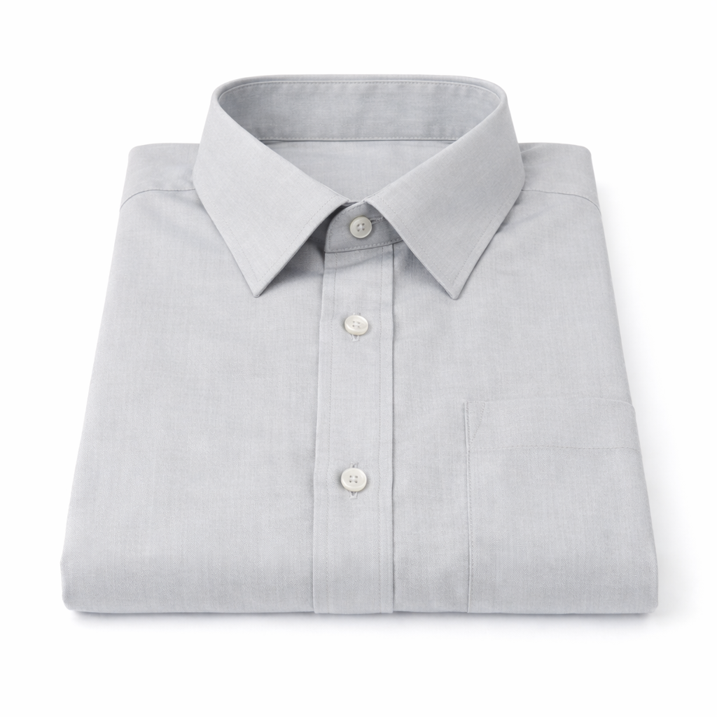 Folded light gray dress shirt on a white background