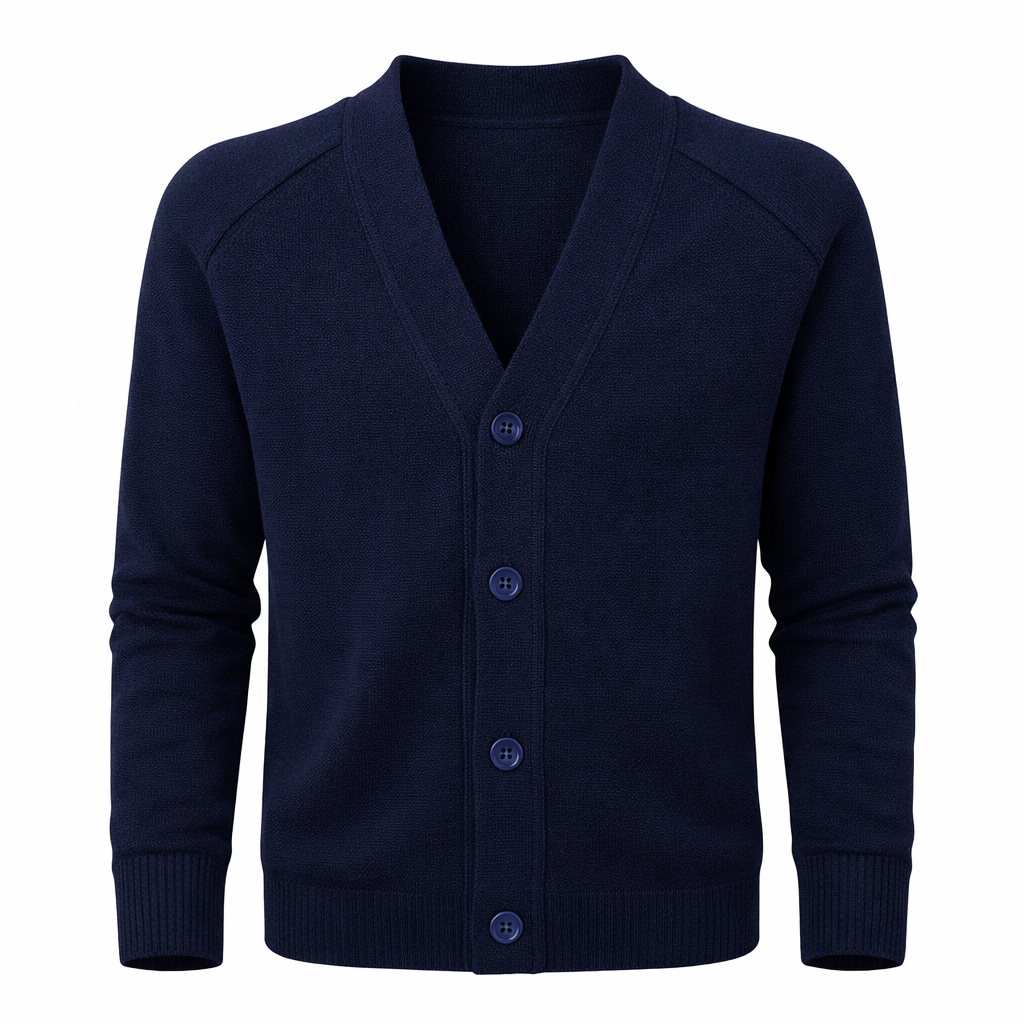 Navy blue cardigan on a white background