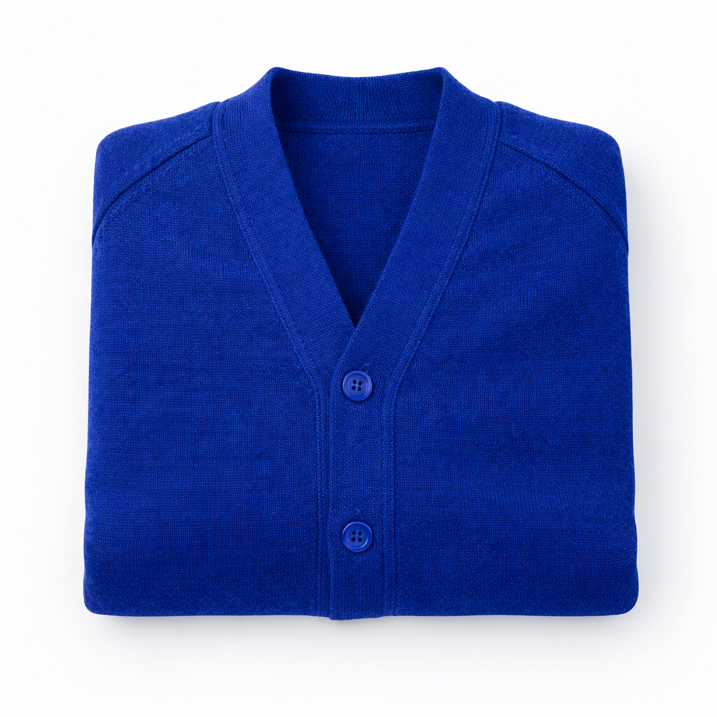 Folded blue cardigan on a white background