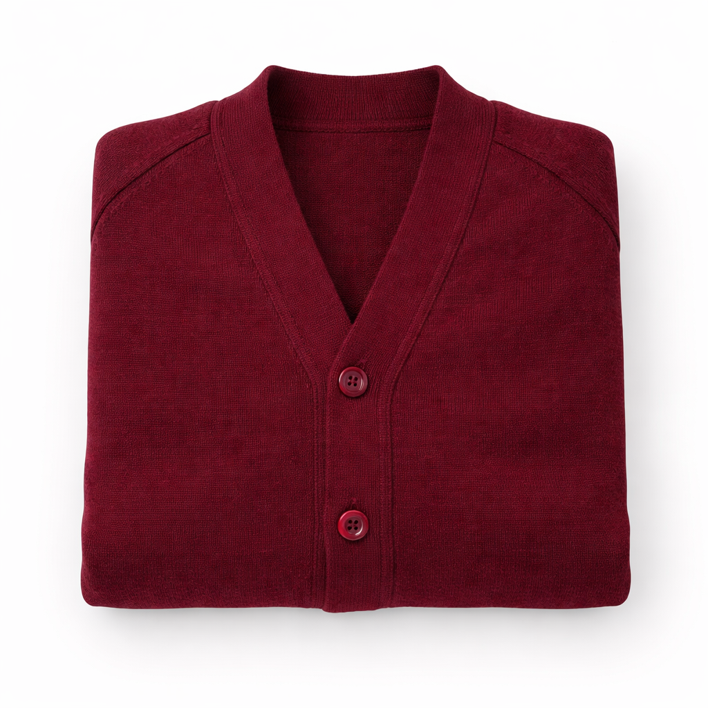 Folded maroon cardigan on a white background