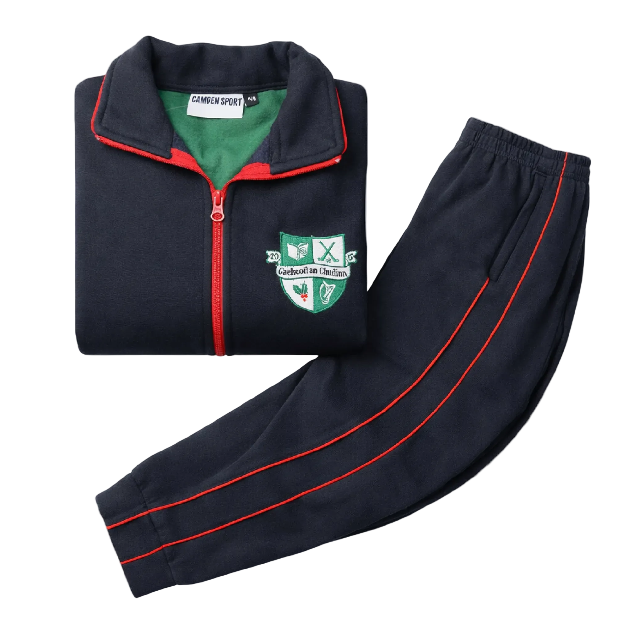 Navy tracksuit with red accents and a logo on a white background