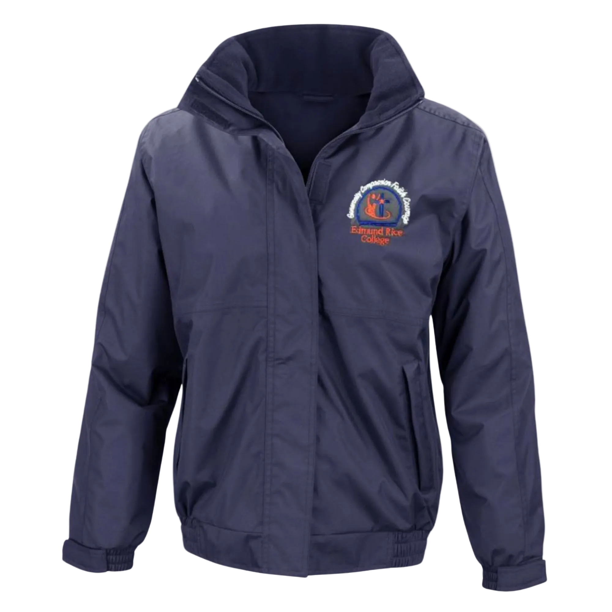 Navy blue jacket with a logo on the chest against a light gray background