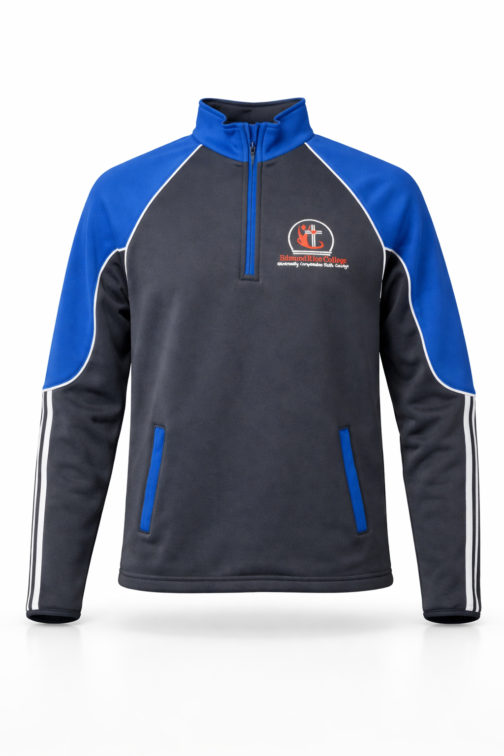 Blue and gray pullover with a logo on a white background