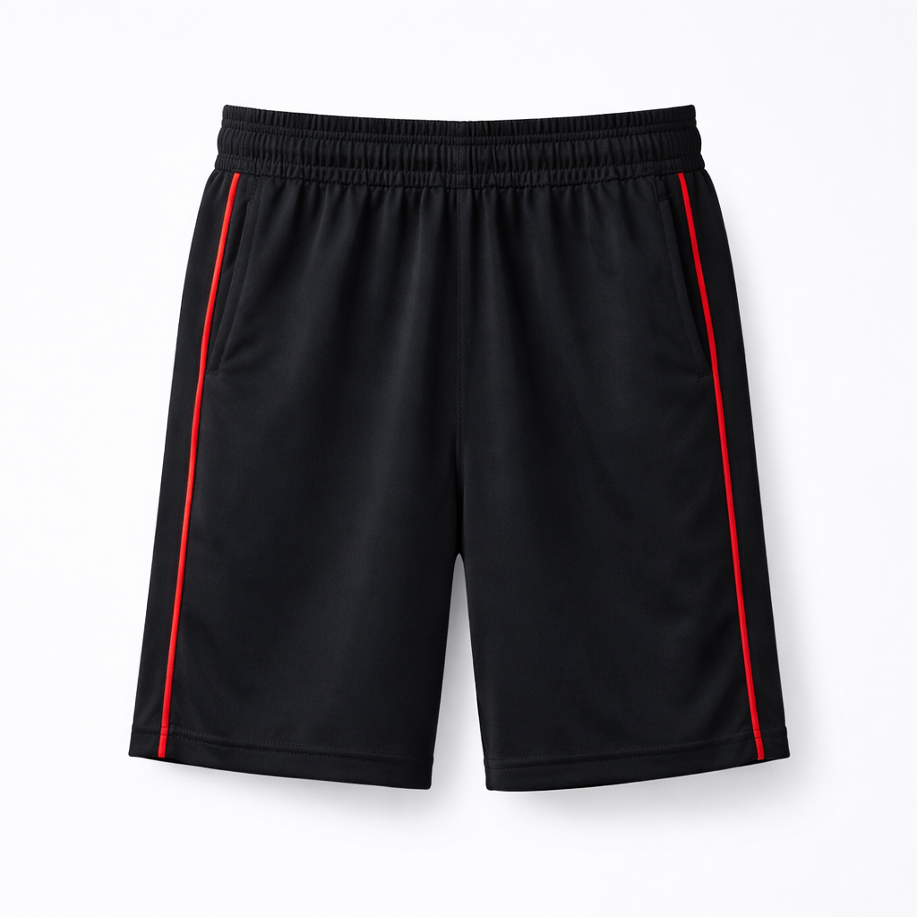 Black shorts with red accents on a white background