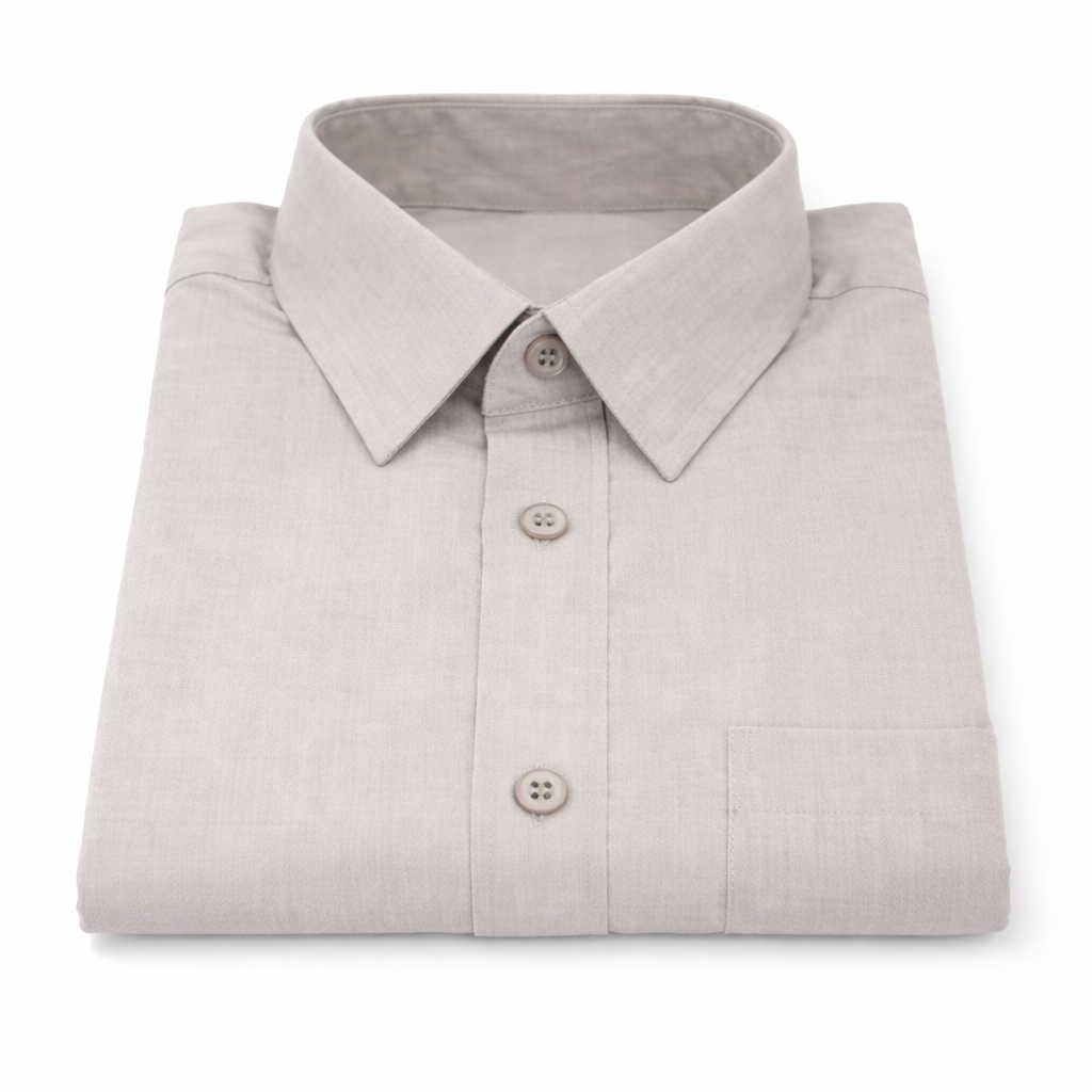 Folded light gray dress shirt on a white background