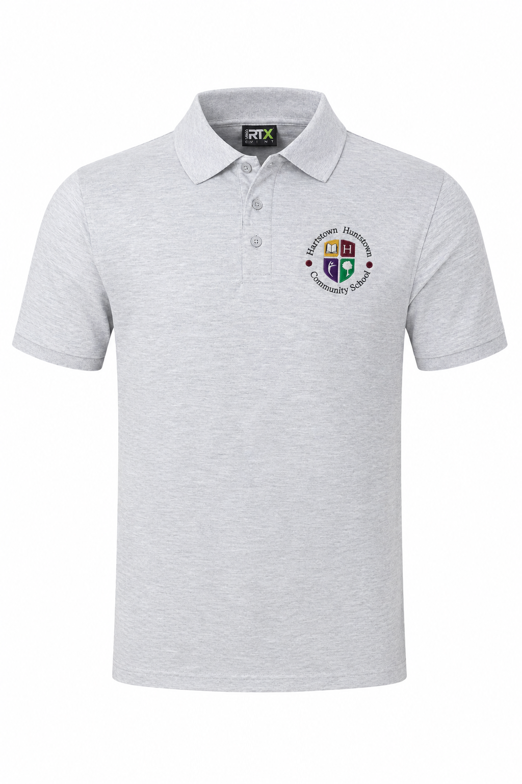 Gray polo shirt with a logo on a white background