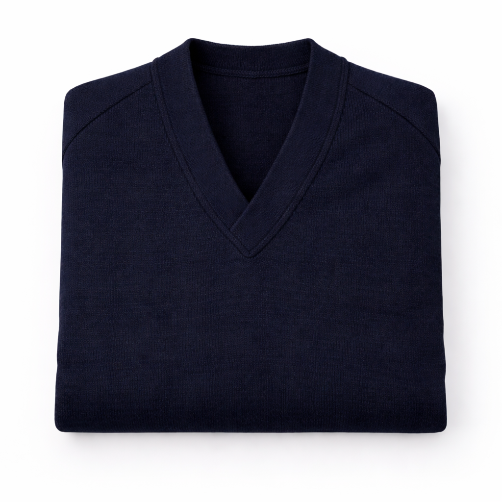 Folded navy blue sweater on a white background