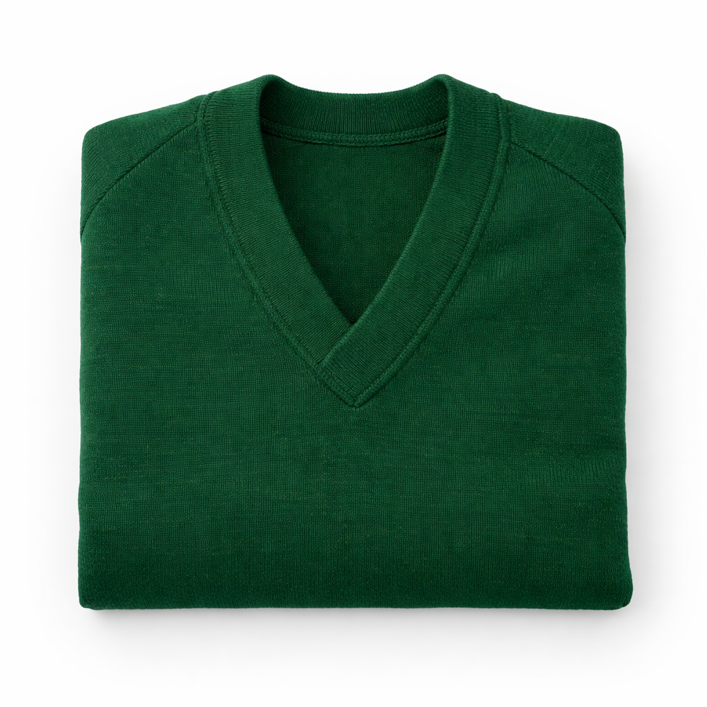 Folded green sweater on a white background