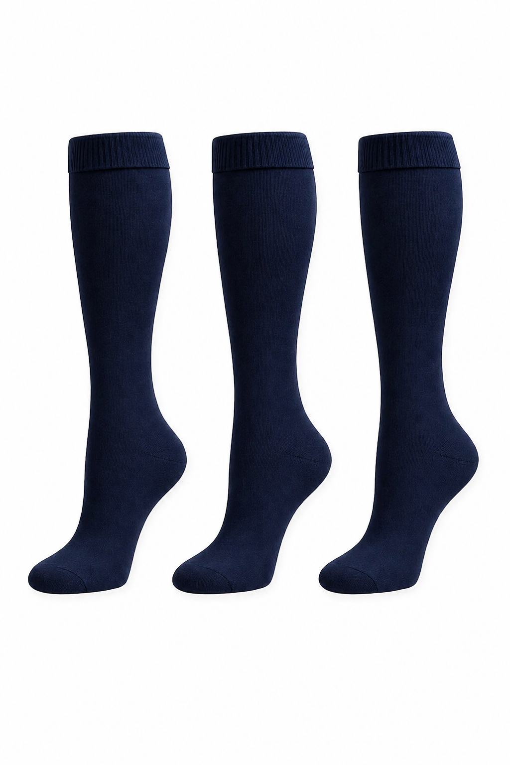 Three black knee-high socks on a white background