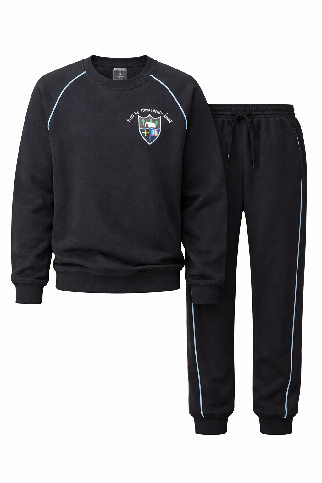 Black tracksuit with a logo on the chest against a white background
