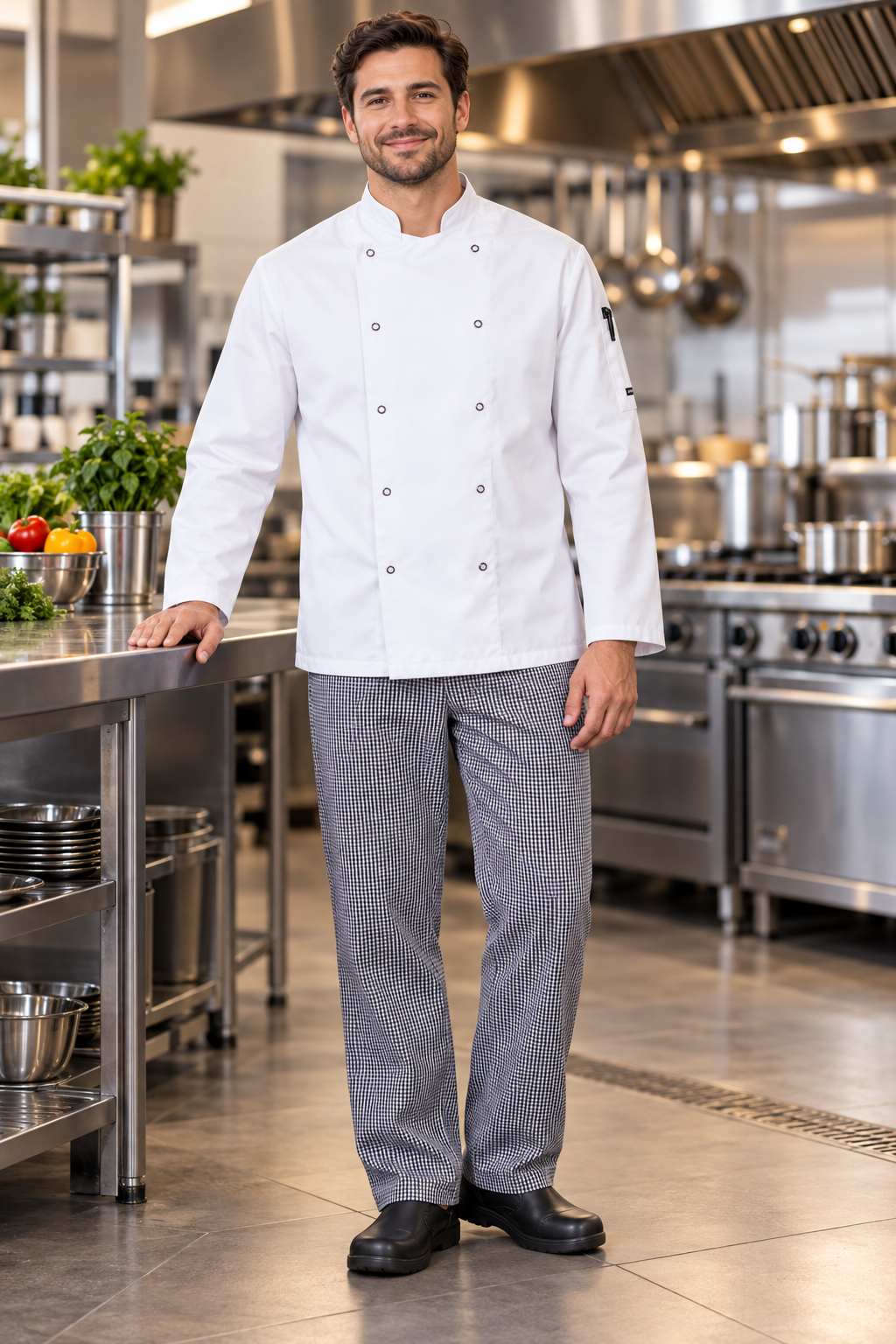 A man wearing a white double-breasted chef jacket and gray patterned trousers stands in a professional commercial kitchen.