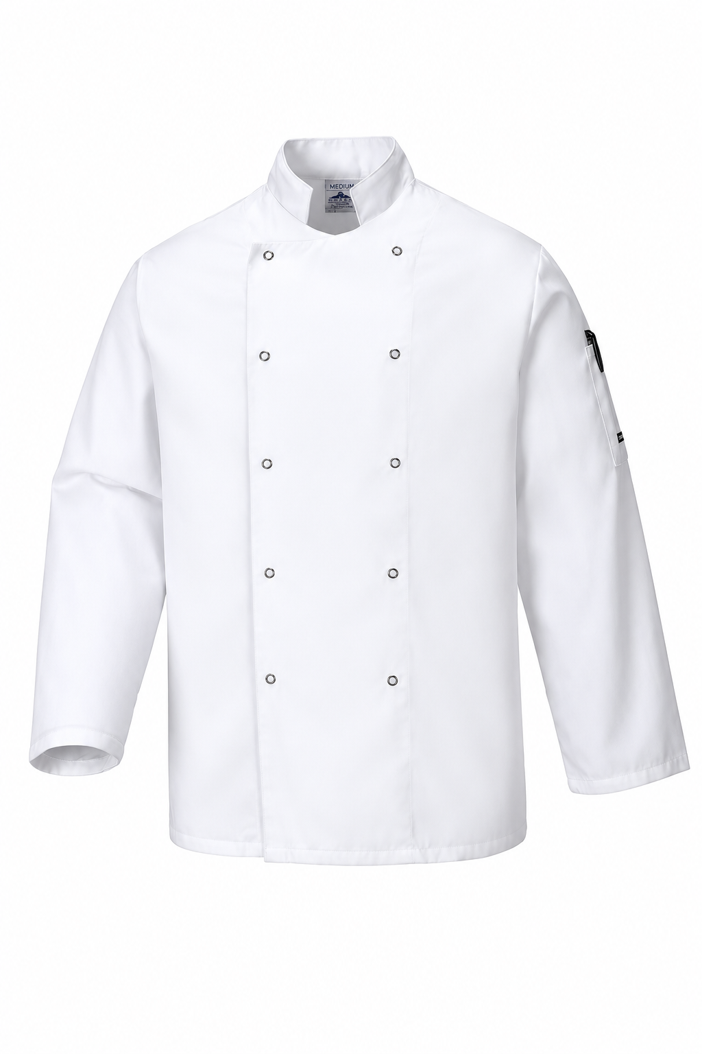 A white long-sleeve chef jacket with a double-breasted snap closure and a stand collar, shown against a plain white background.