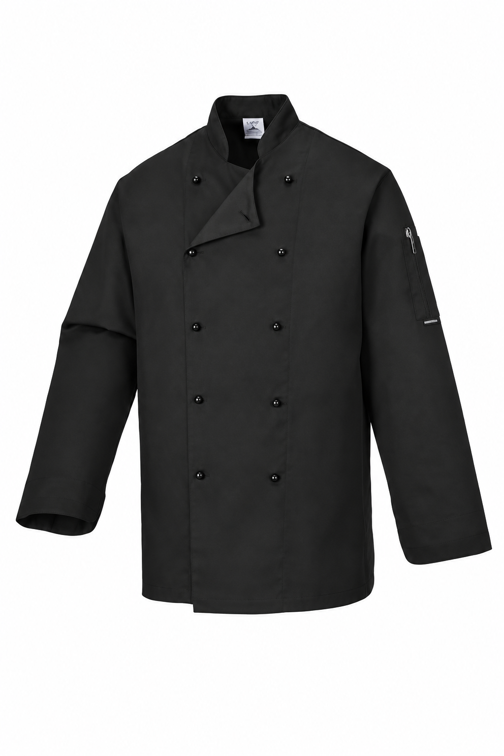 A black long-sleeve chef jacket with a double-breasted button closure, stand collar, and a zippered sleeve pocket, shown against a plain white background.
