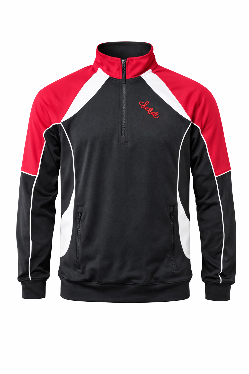 A black, red, and white color-blocked quarter-zip athletic pullover jacket with a stand-up collar and zippered hand pockets, featuring the brand name 'Savvi' embroidered in red on the left chest.