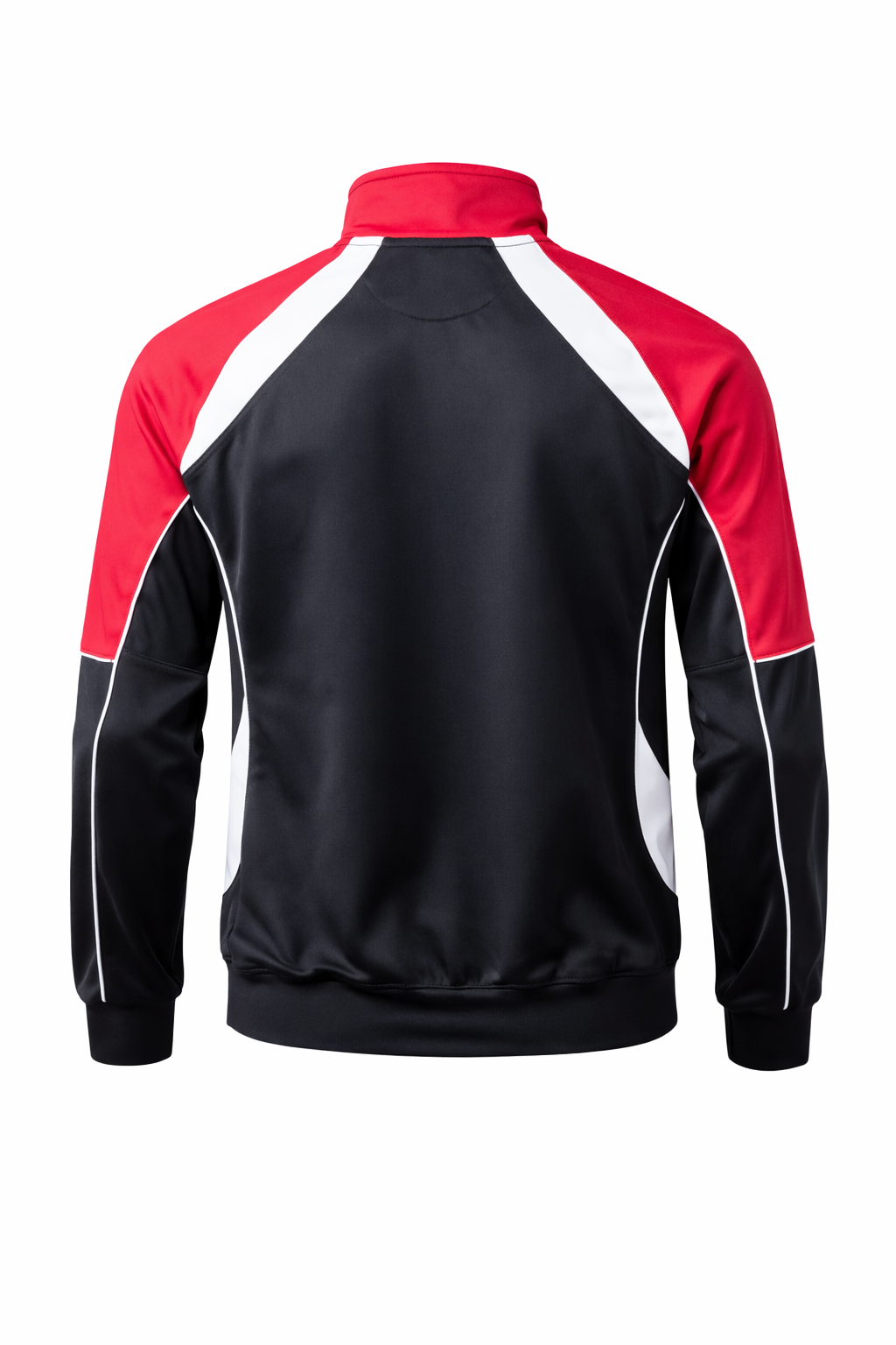 Black and red jacket with white accents on a white background