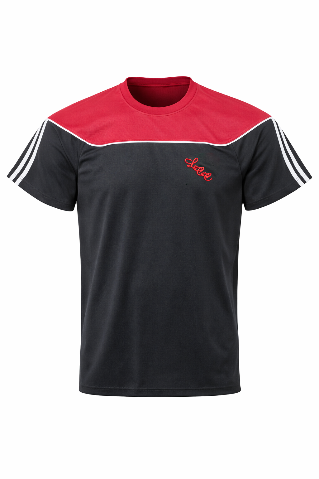 A short-sleeve athletic t-shirt with a black body, a red yoke across the shoulders, and white stripes on the sleeves. The chest features the brand name 'Sask' in red script.