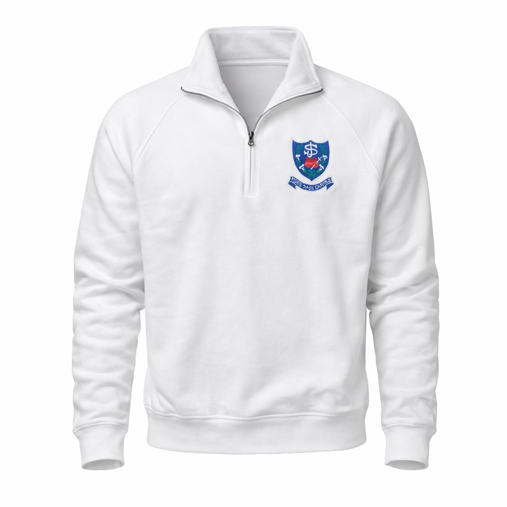 White sweatshirt with a logo on the chest against a white background