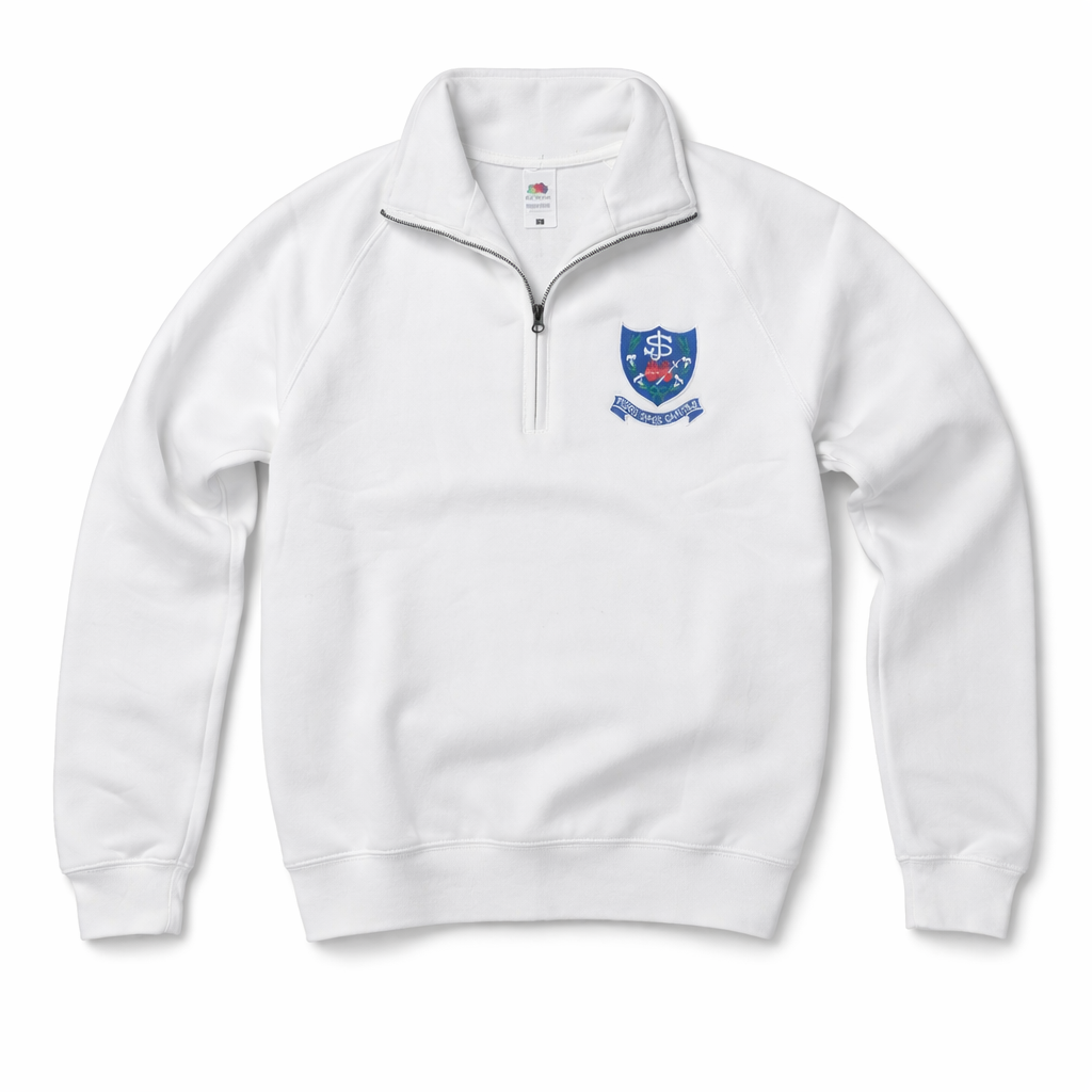 White sweatshirt with a logo on the chest against a white background