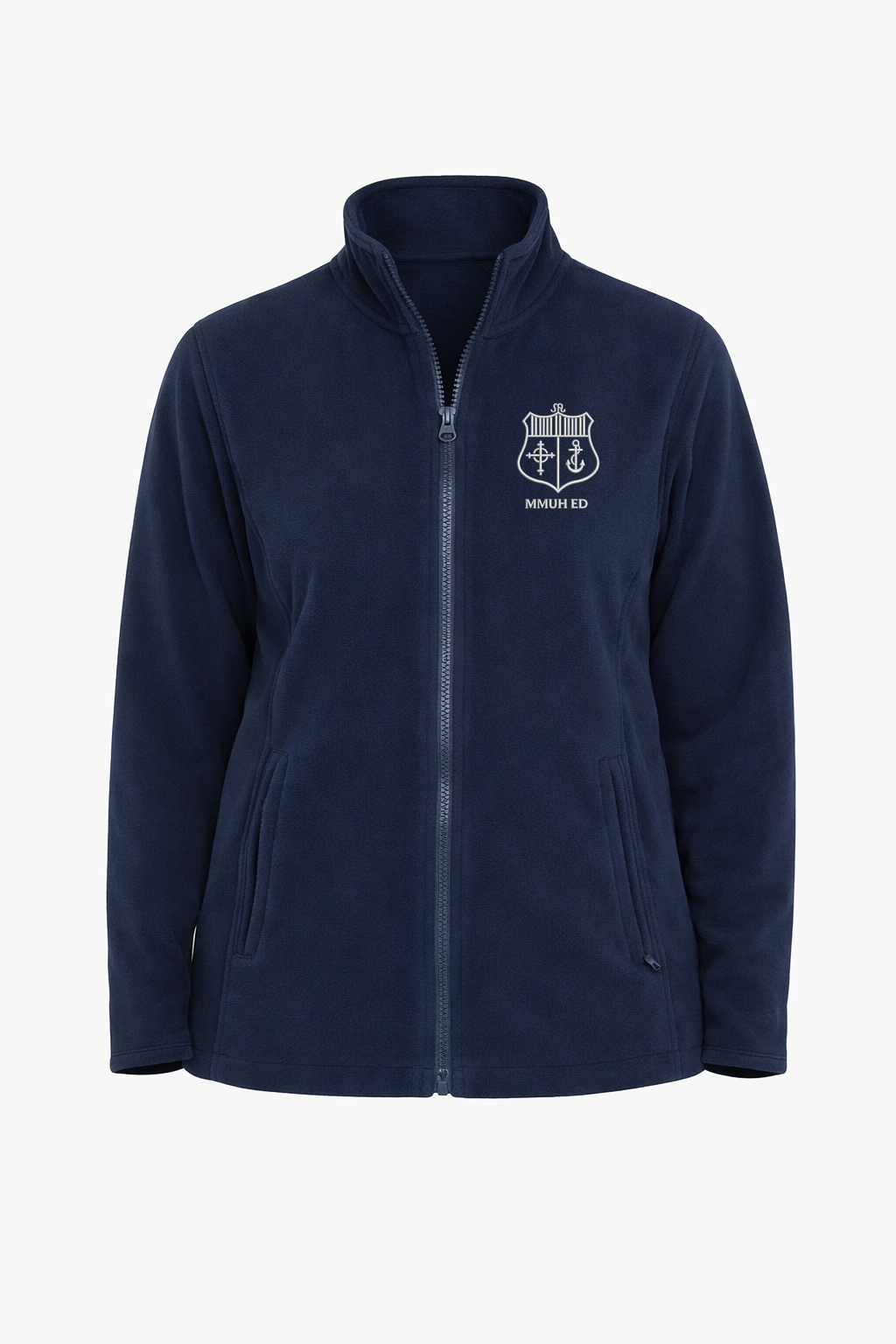 Navy fleece jacket with a logo on a white background