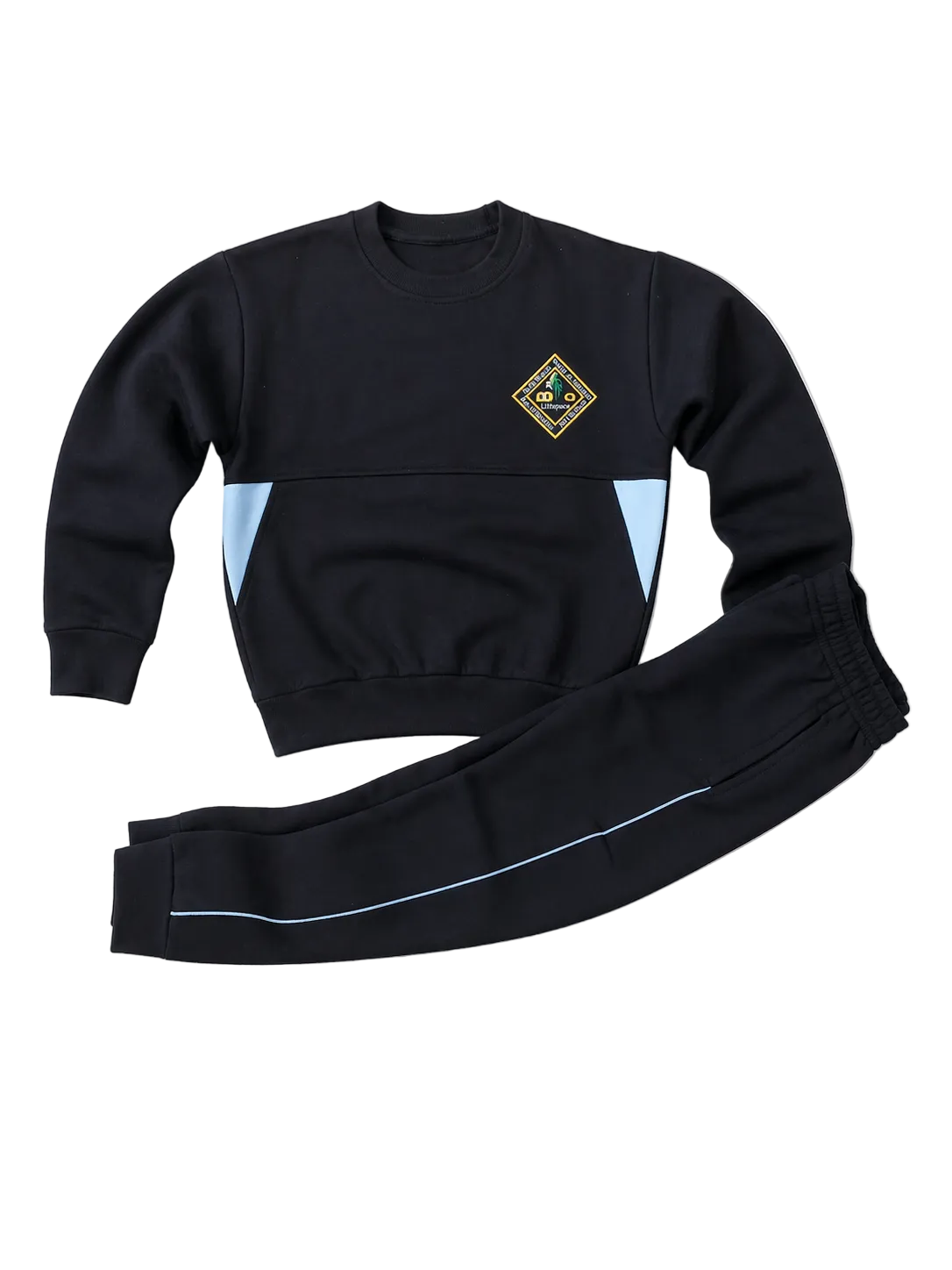 Black tracksuit with a logo on the chest against a white background