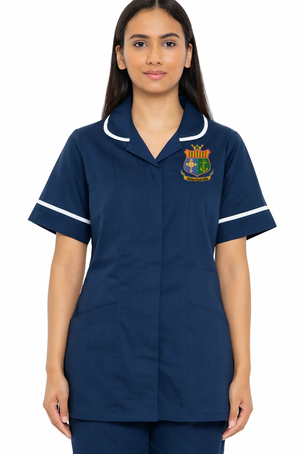 Nurse wearing a navy blue uniform with a logo on a white background