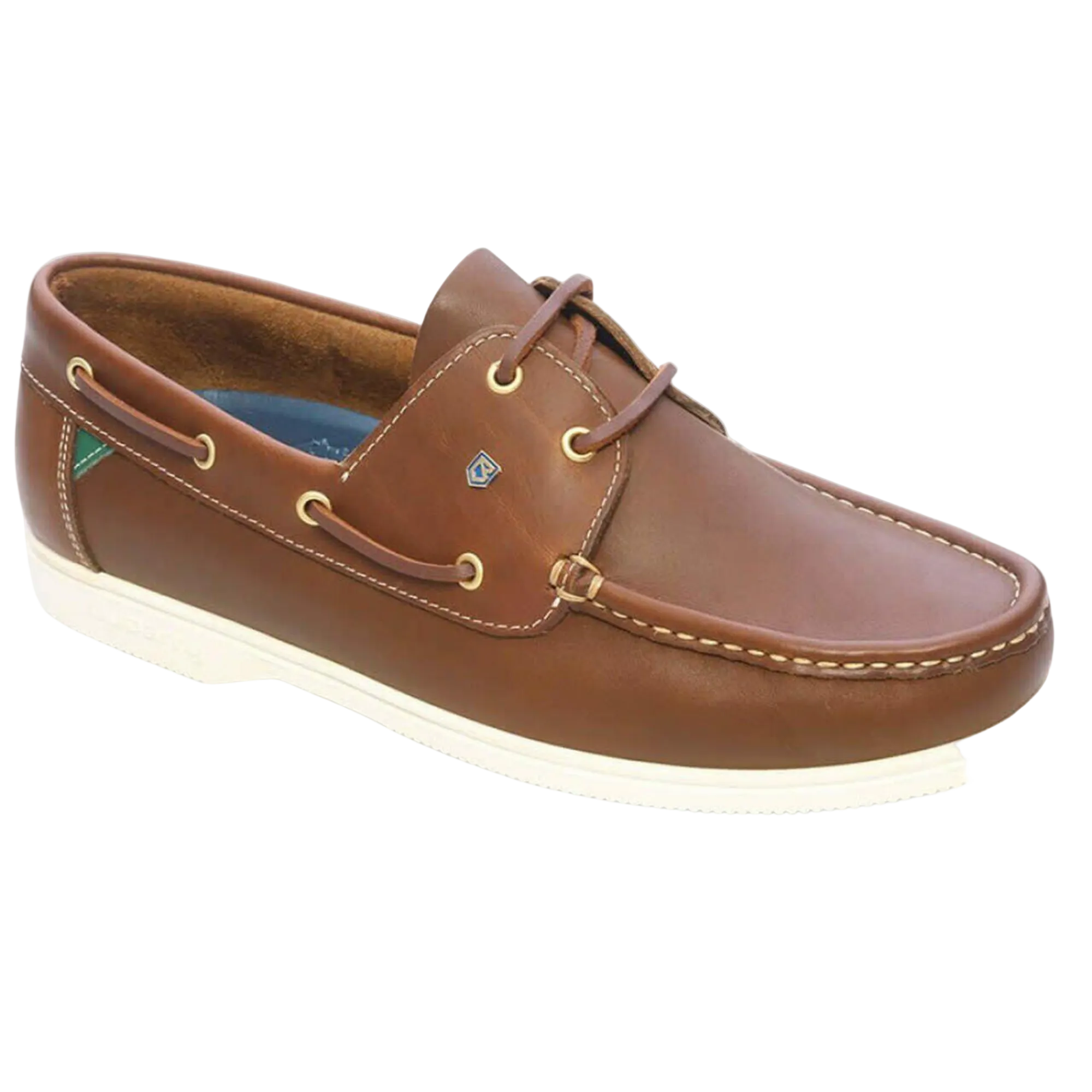 Brown leather boat shoe on a light gray background
