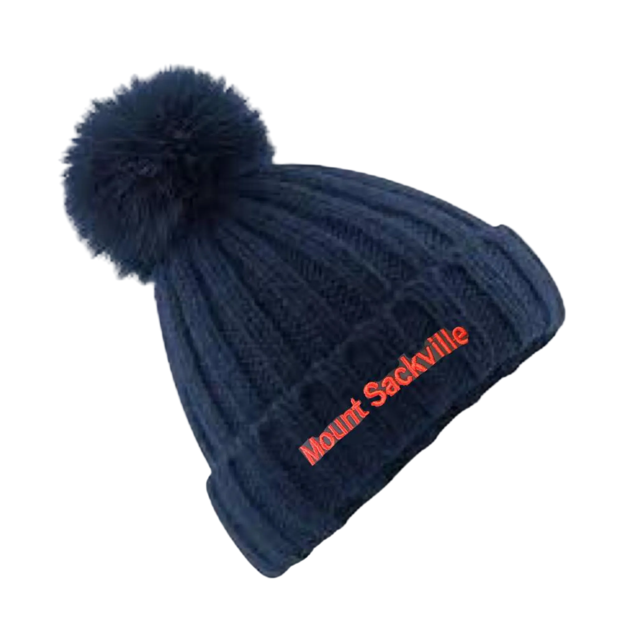 Navy blue beanie with pom-pom and 'Mount Sackville' text on a light gray background