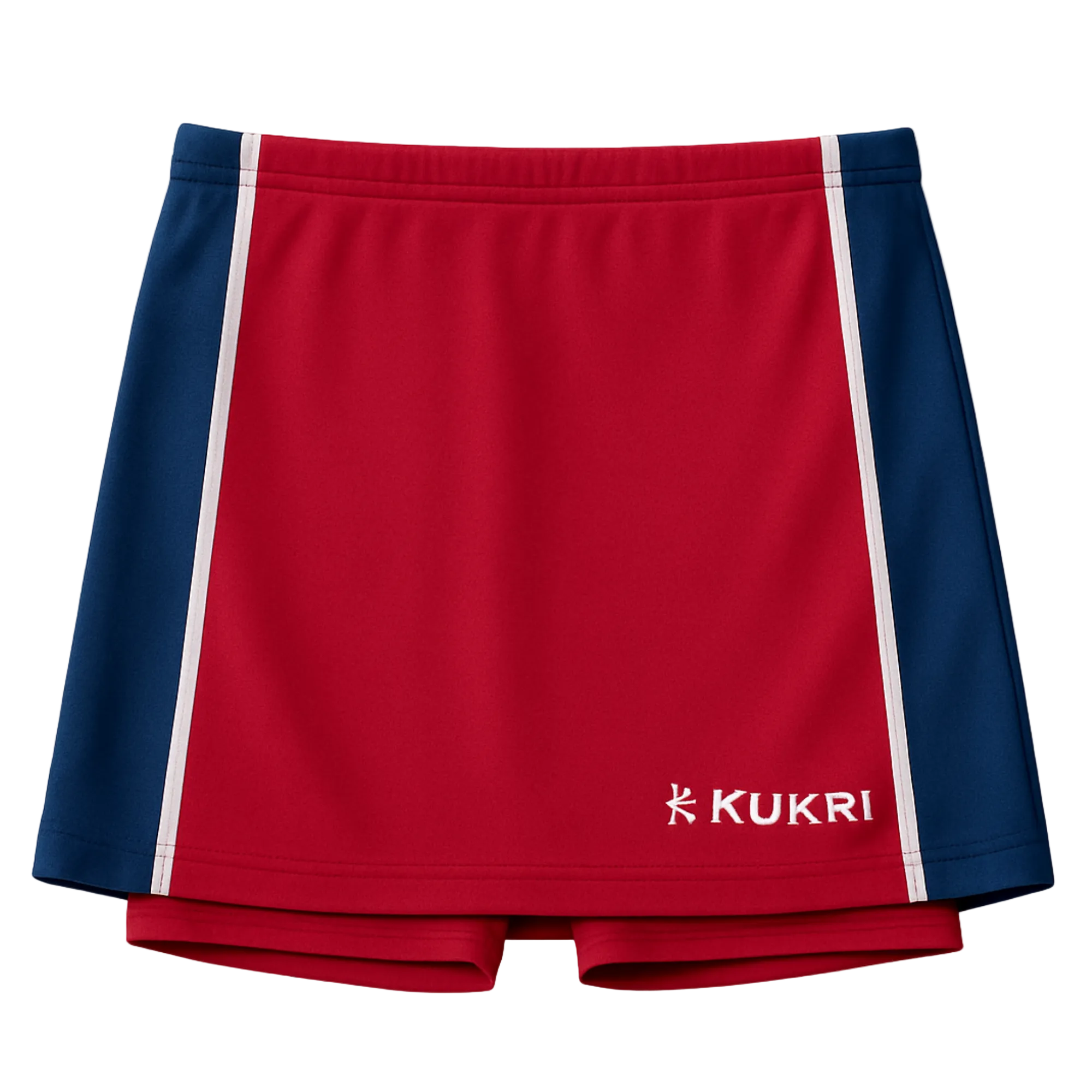 Red and blue sports shorts with Kukri logo on a light gray background