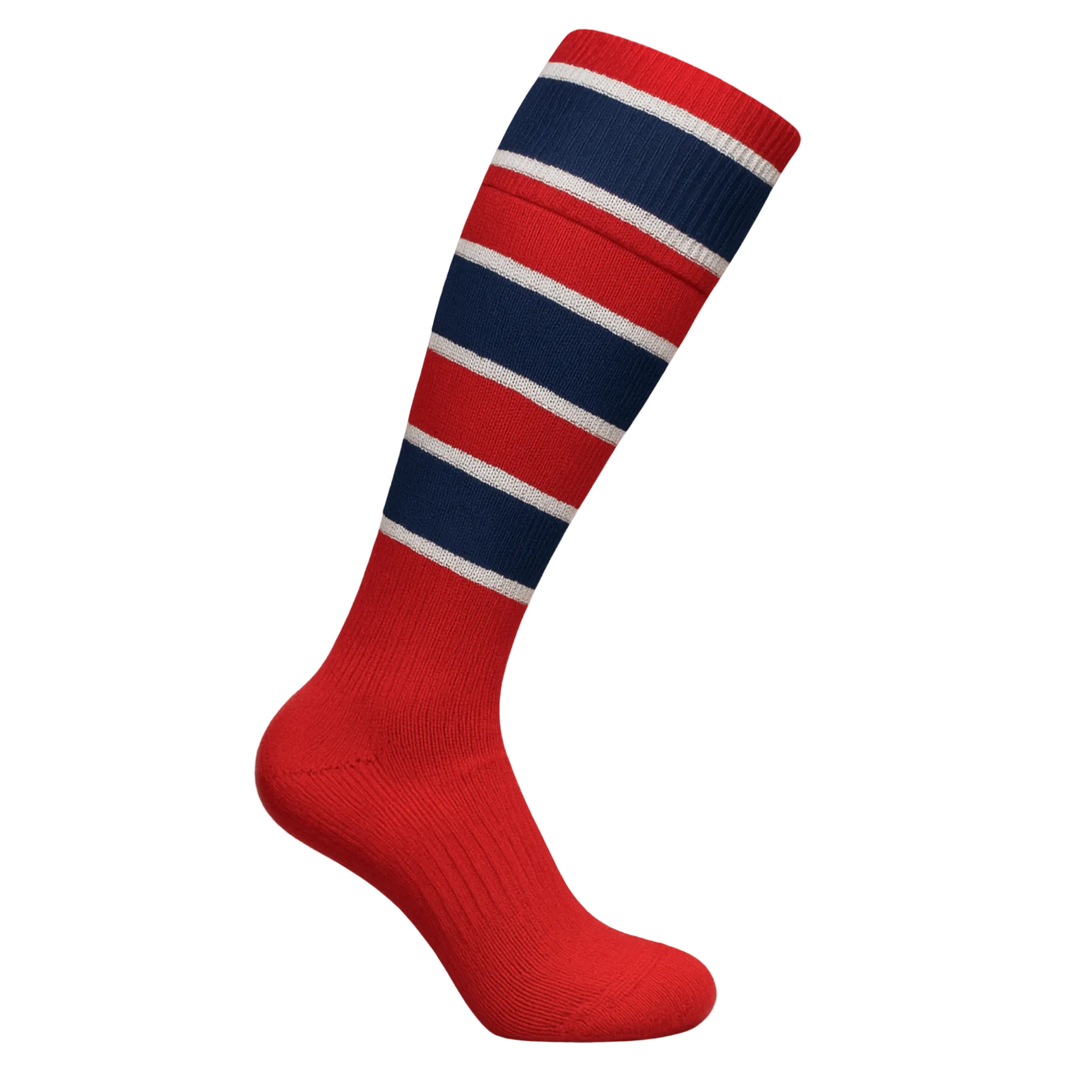 Red sock with blue and white stripes on a light gray background