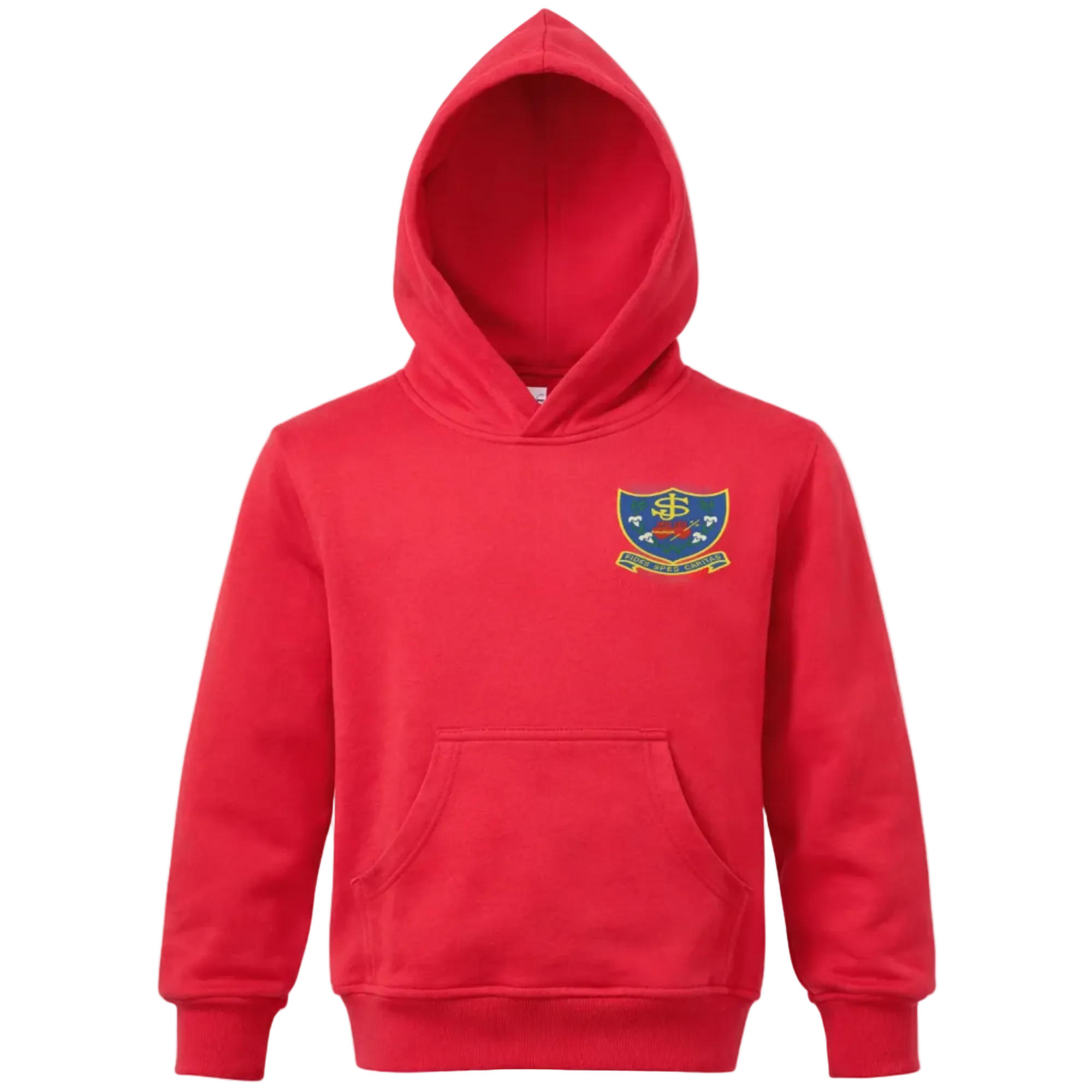 Red hoodie with a logo on the chest against a white background