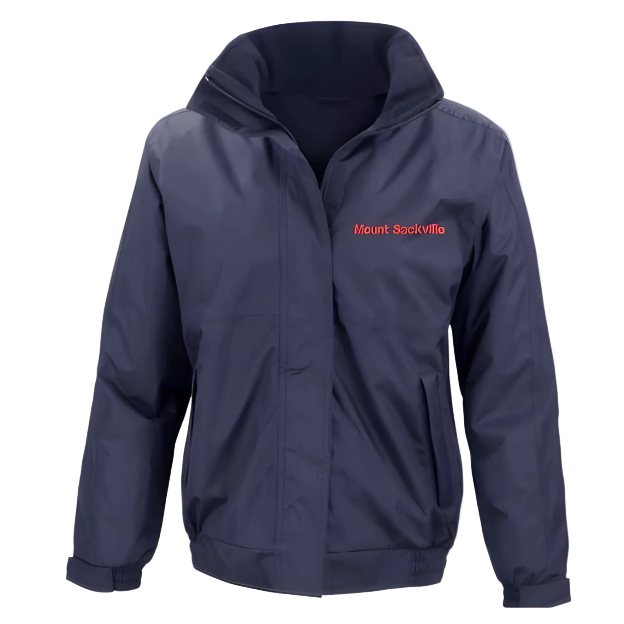 Navy blue jacket with 'Mount Sac' logo on a light gray background
