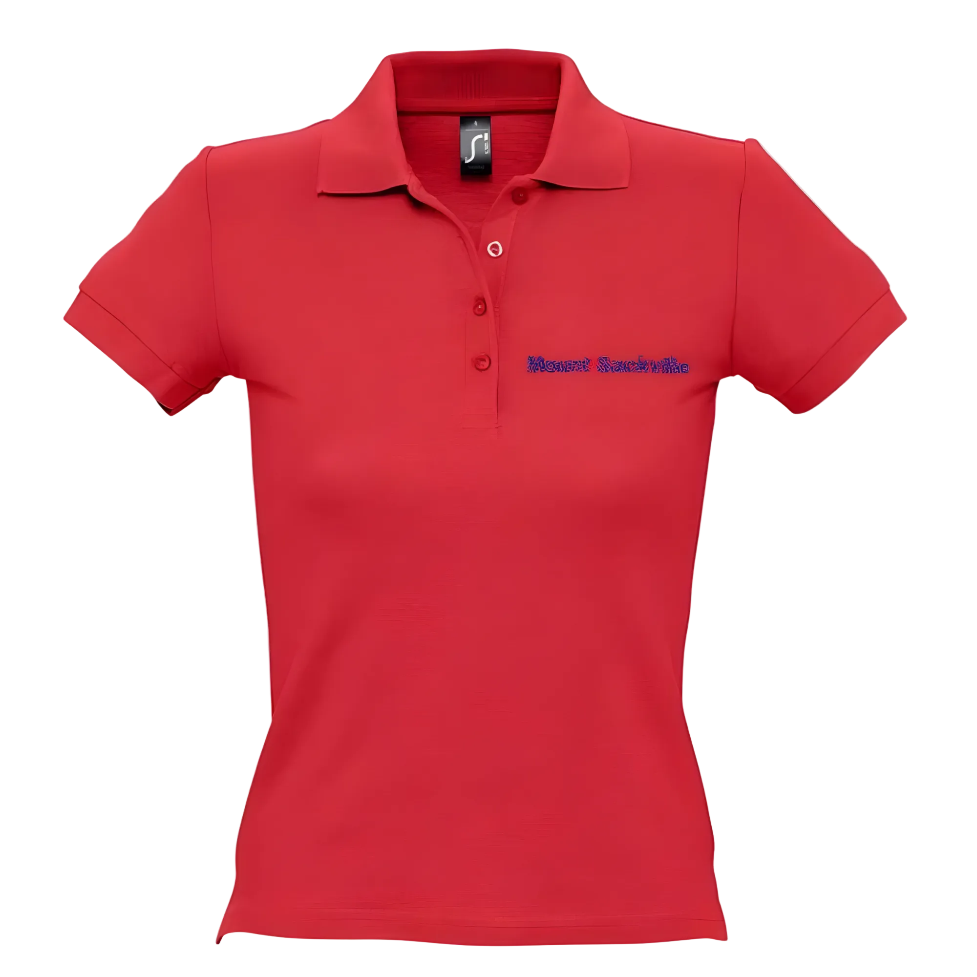Red polo shirt with blue text on a light gray background