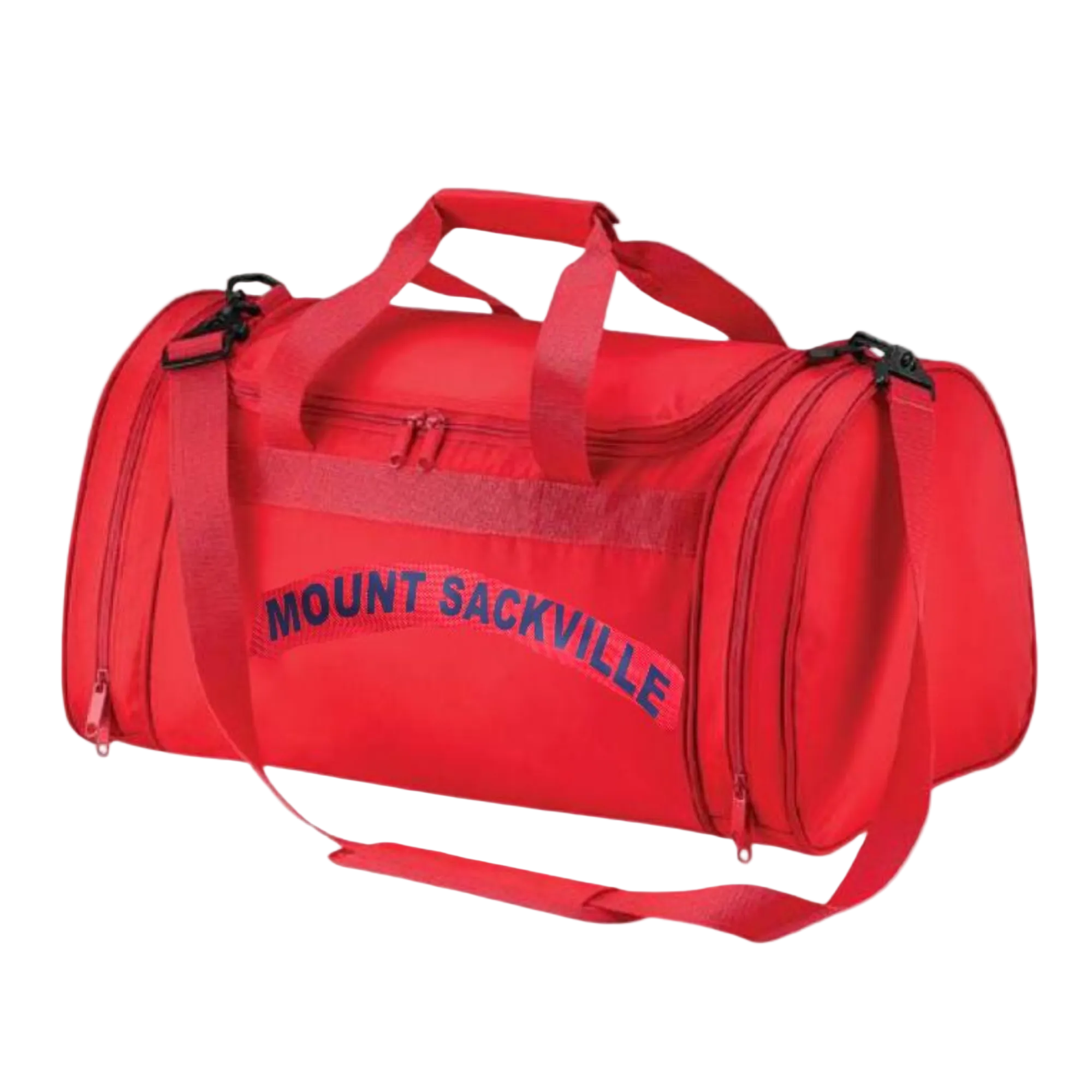 Red duffel bag with 'Mount Sackville' text on a light gray background