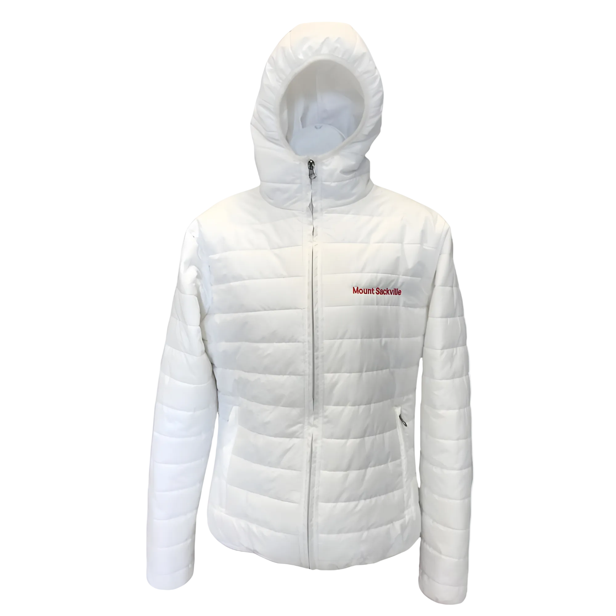 White puffer jacket with a brand logo on a light gray background