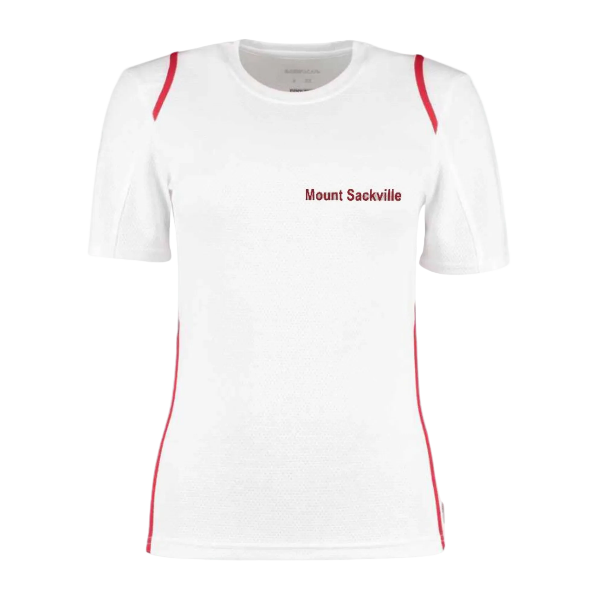 White t-shirt with red accents and 'Mount Sackville' text on a light gray background