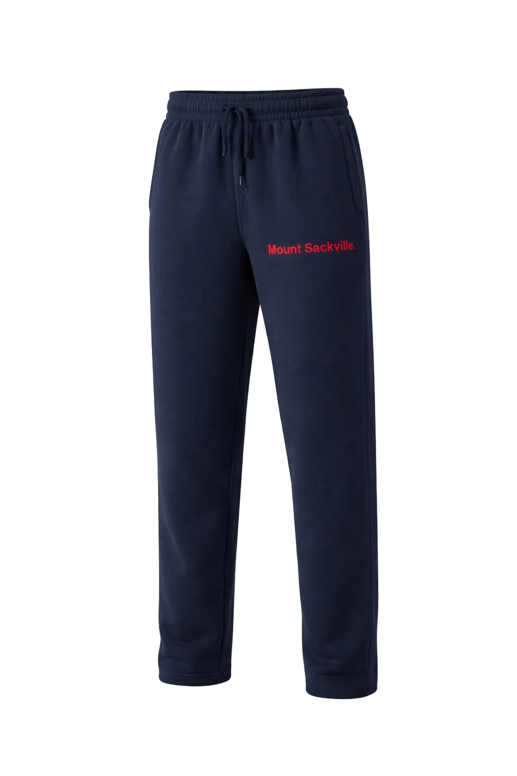 Navy sweatpants with red text on a white background