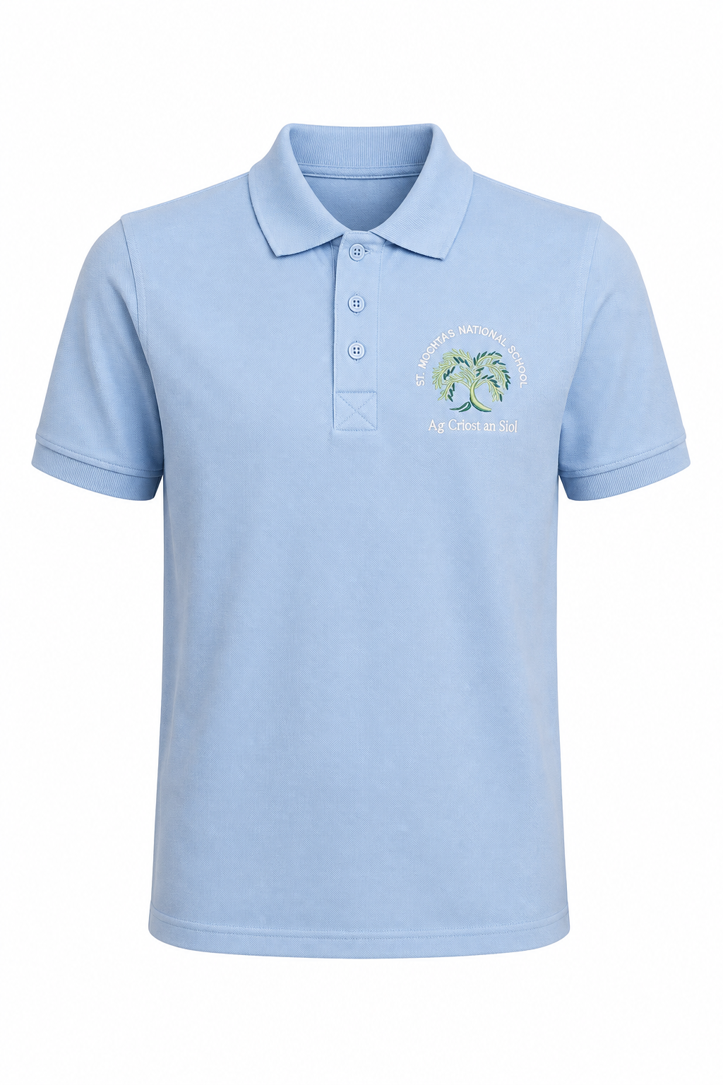 A light blue short-sleeve polo shirt with a three-button placket and a small circular green and white graphic on the left chest, displayed on a clean white background.