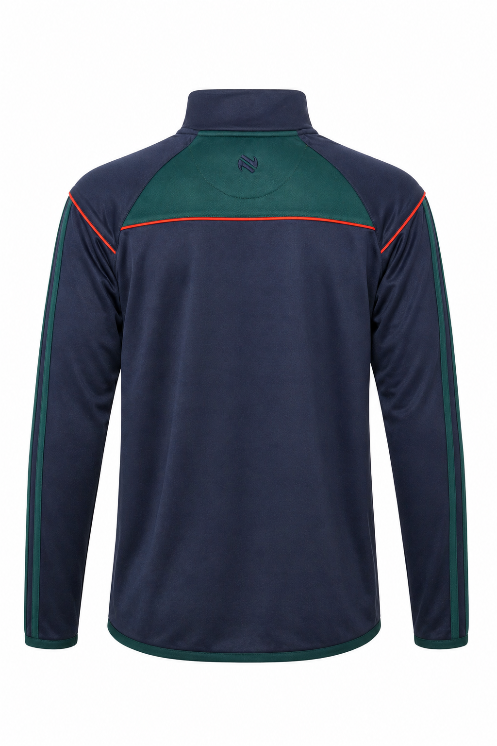 Navy and green pullover with red accents on a white background