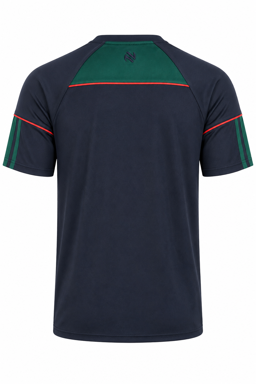 Navy blue sports jersey with green and red accents on a white background