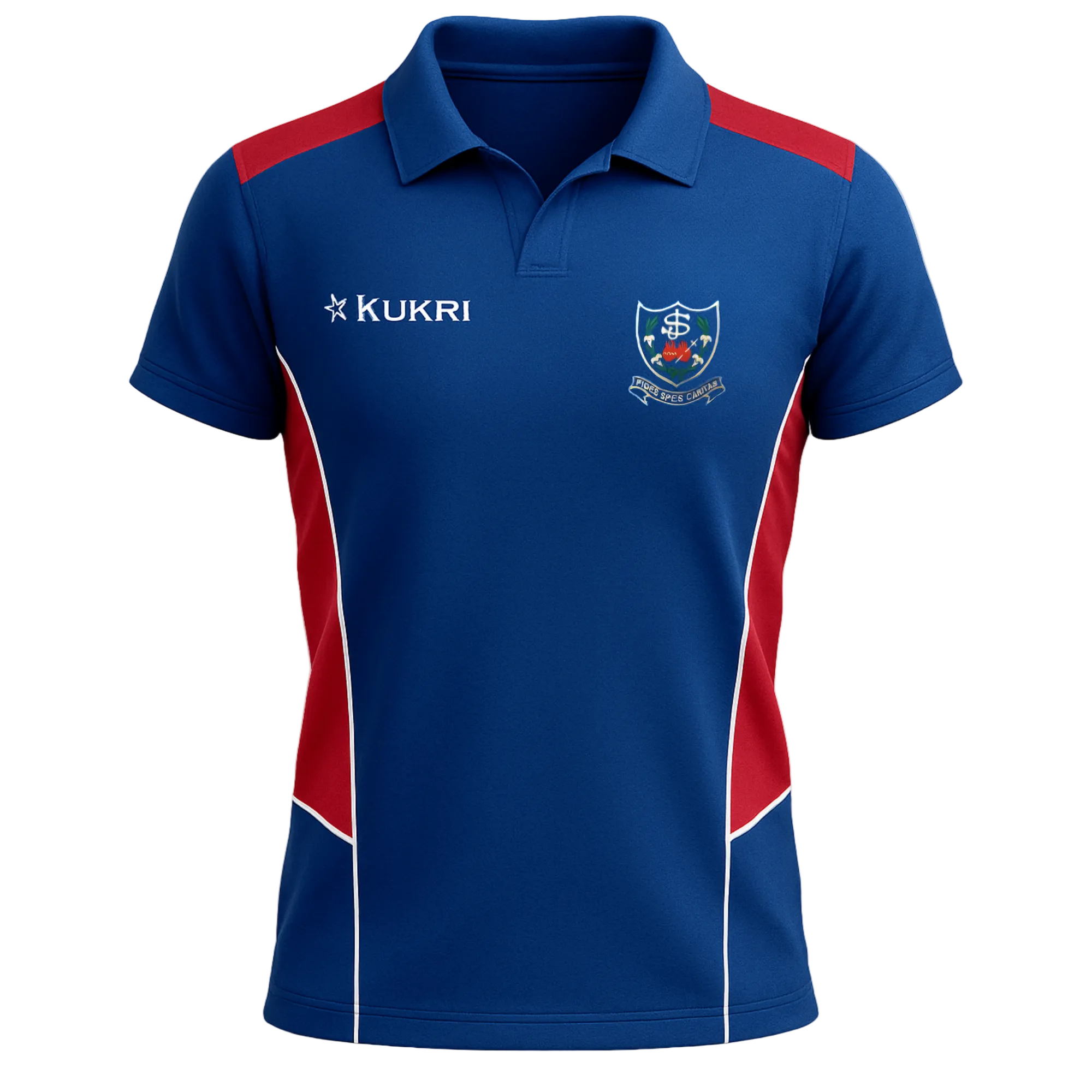 Blue and red polo shirt with Kukri logo on a light gray background