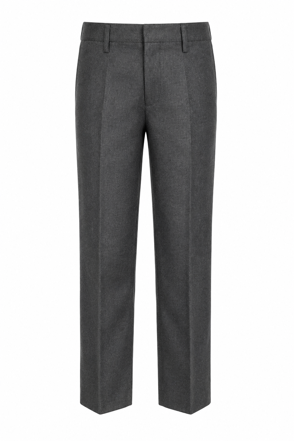 A pair of dark gray, straight-leg trousers shown flat against a solid white background.