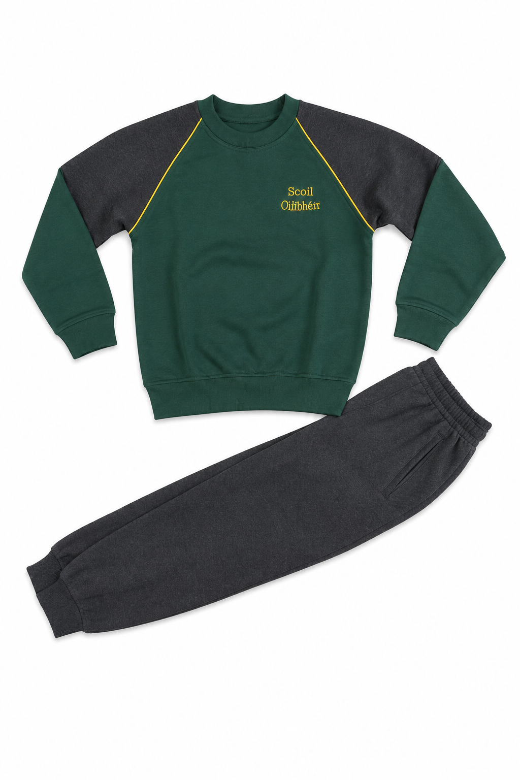A two-piece kids' sweatshirt and jogger set on a white background. The sweatshirt is dark green with dark gray sleeves and shoulders, accented by thin yellow lines and a yellow 'Scout Outdoors' logo on the chest.